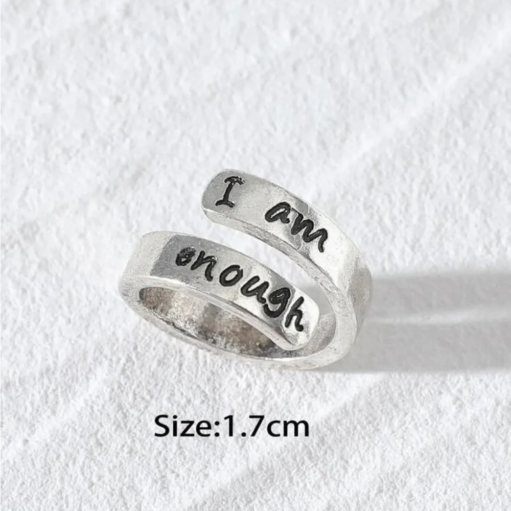I Am Enough Adjustable Inspirational Open Ring, Silver Affirmation Band